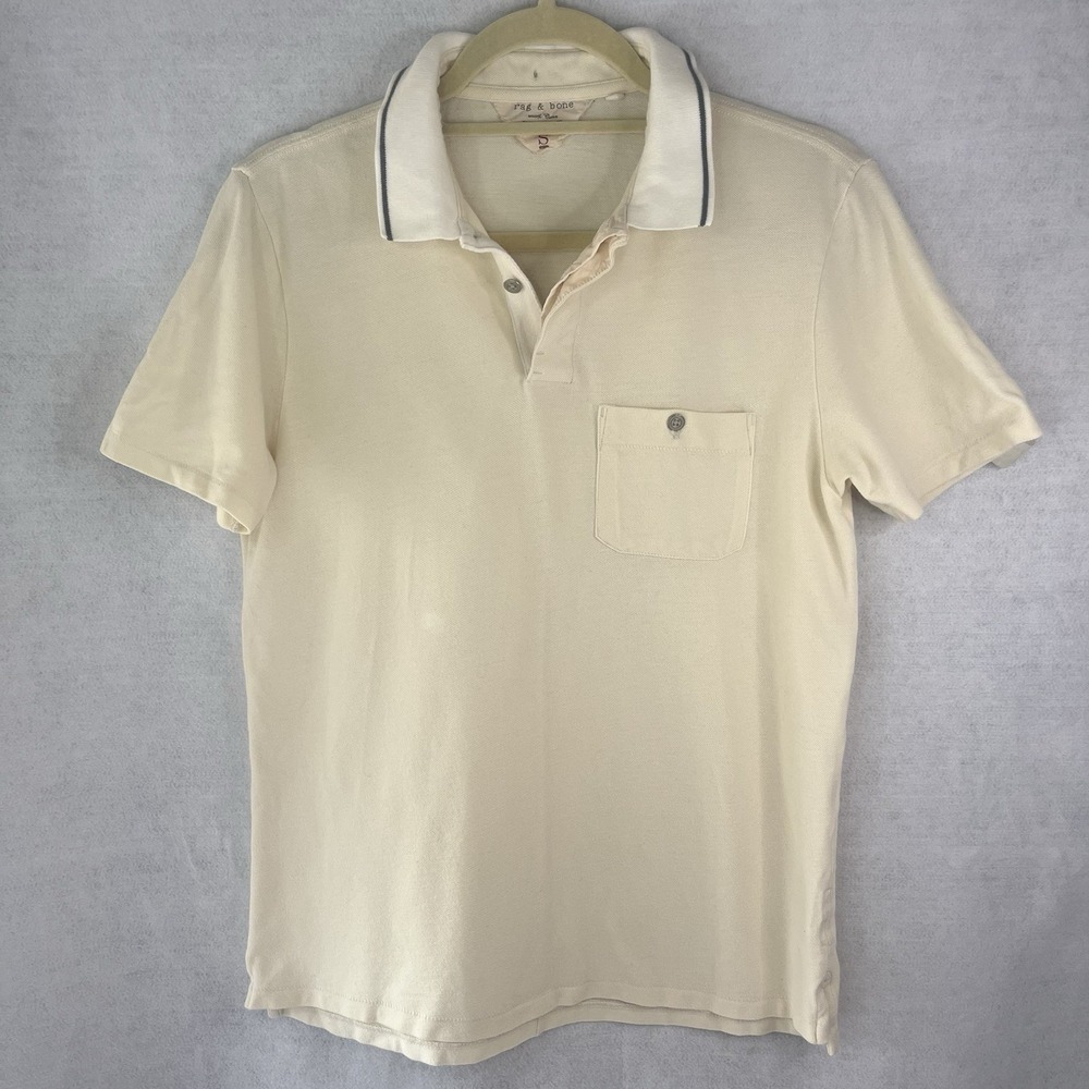 Rag And Bone Men's Polo Shirt Contrast Collar W/ Pocket 100% Cotton Ivory‎ Sz S